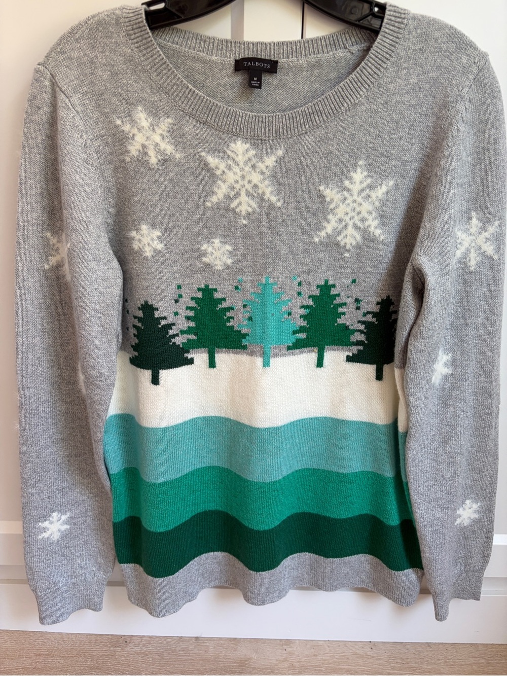 Talbots Medium Gray & Green Holiday Tree Knit Sweater